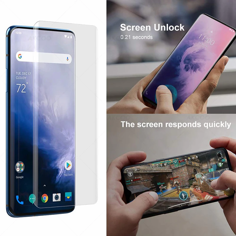 Закаленное стекло Akcoo для Oneplus 7T Pro, защитная пленка для экрана с защитой от ультрафиолета, пленка для Oneplus 7 Pro, стеклянная крышка с разблокировкой отпечатков пальцев