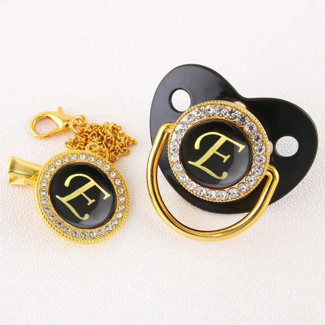Luxury Black Bling Baby Pacifier And Clip Alphabet Letter M Infant Pacifier Gold Letter Unique 26 Name Initials Baby Shower Gift E