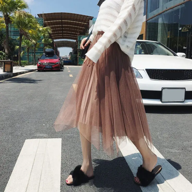 Brown Skirt women RICININA, плиссированная юбка для женщин, плюс размер, осенняя сетчатая бархатная однотонная Повседневная Макси-юбка, Женская Зимняя юбка с высокой талией, Jupe Femme - Цвет: Brown Skirt women
