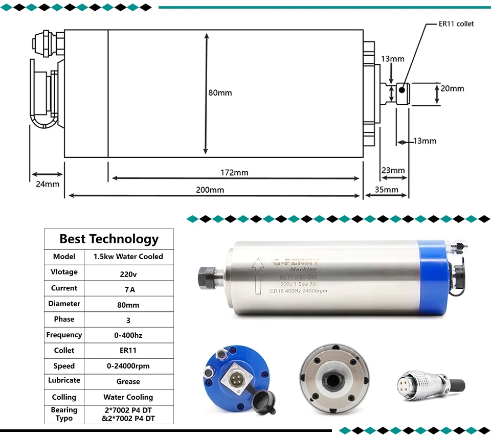 G-PENNY 1,5 кВт ER11 с водяным охлаждением и ЧПУ мотор шпинделя 80X200 мм 7A 4 подшипники для фрезерного станка с ЧПУ Токарный станок по дереву