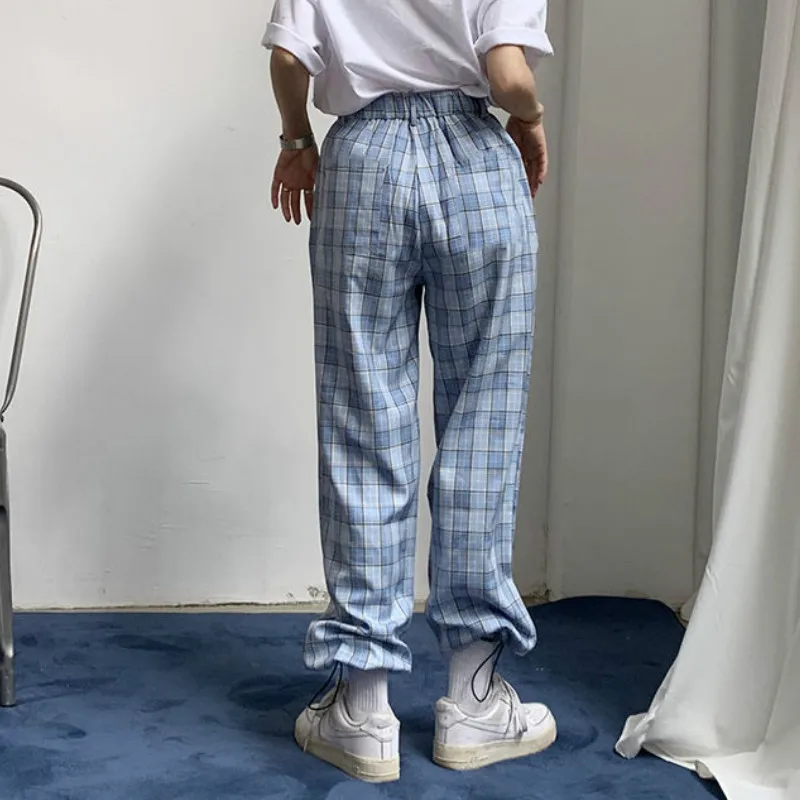 Pants Women Loose Plaid Sweet Preppy Girls Elastic Waist Korean Style Slim Casual Daily Chic Trendy Ankle-length Harem Trousers