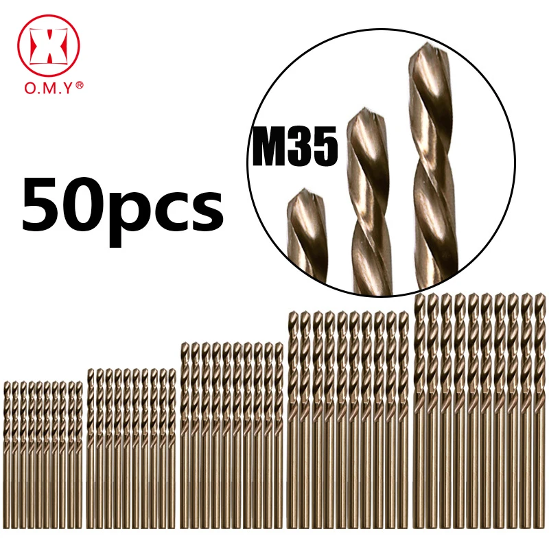 Набор кобальтовых сверл OMY 50 шт. Drillforce Tools M35 1/1 5/2/2 5/3 мм для сверления на закаленной