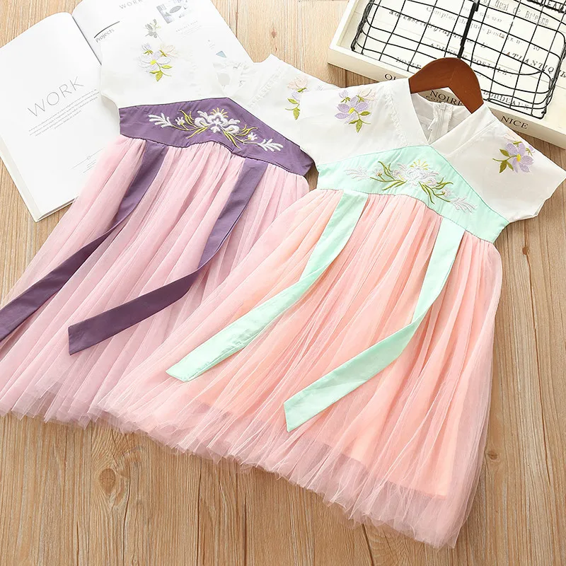 Детское платье в китайском стиле; Hanfu; костюм для девочек; платье с вышивкой в национальном стиле; платья для малышей; Летние платья для девочек