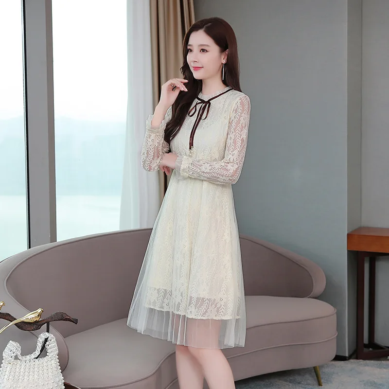 

2019 Autumn Lace Dress Women's Western Style Korean-style Mid-length Waist Hugging Slimming Immortal Base Skirt Hollow out