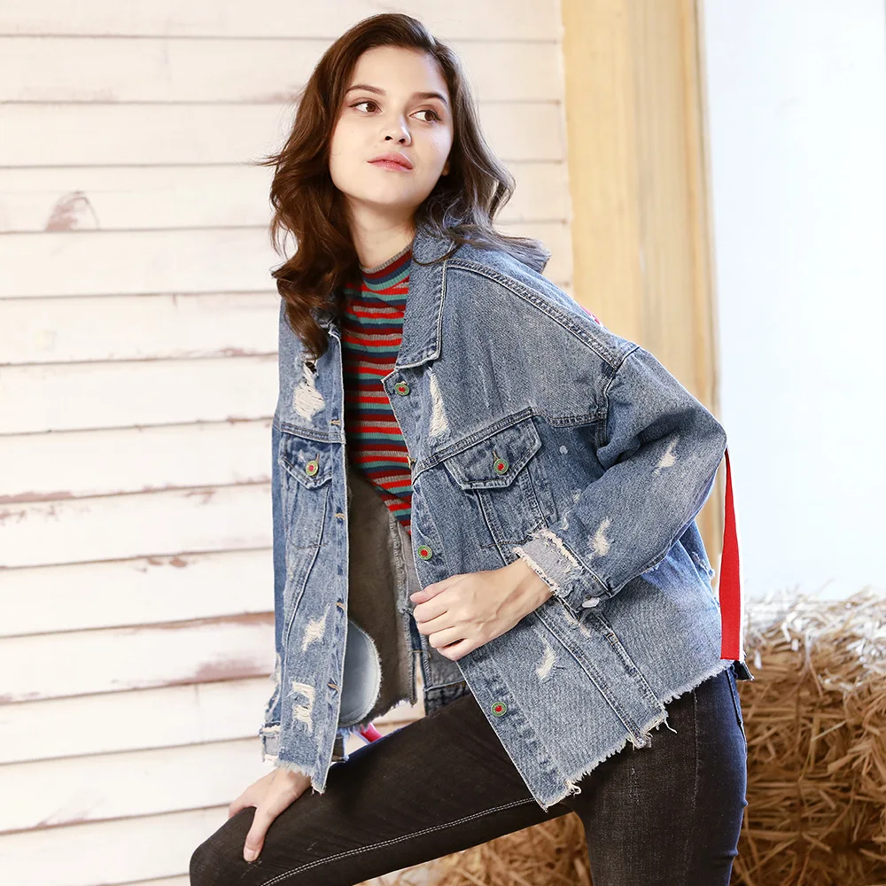 Denim K джинсовая куртка женская с принтом персонажа джинсовая куртка пальто хип хоп отверстие однобортное осеннее Женское пальто Повседневная Женская куртка