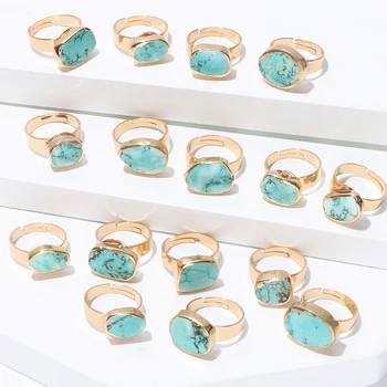 

KOMi Vintage Natural Oval Turquoises Inlay Exquisite Ring Textured Polished Geometric Alloy Joint Ring Female K1075