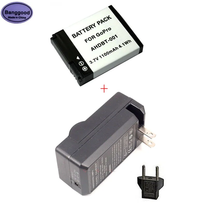 3.7v 1100mah Ahdbt001 Action Camera Battery + Ac Charger For Gopro