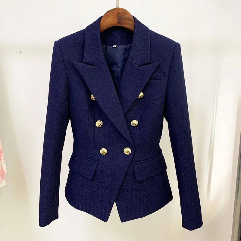 Blazer azul marino de algodón y lino mujer, chaqueta ajustada de doble botonadura, de Metal y oro, traje de otoño, 2022|Chaquetas| - AliExpress