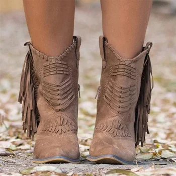

Women Mid-calf Boots Woman Tassel Fringe Zip Women's Vintage Ladies Pirate Boots Woman Shoes Female Warm Shoes Plus Size 35-43