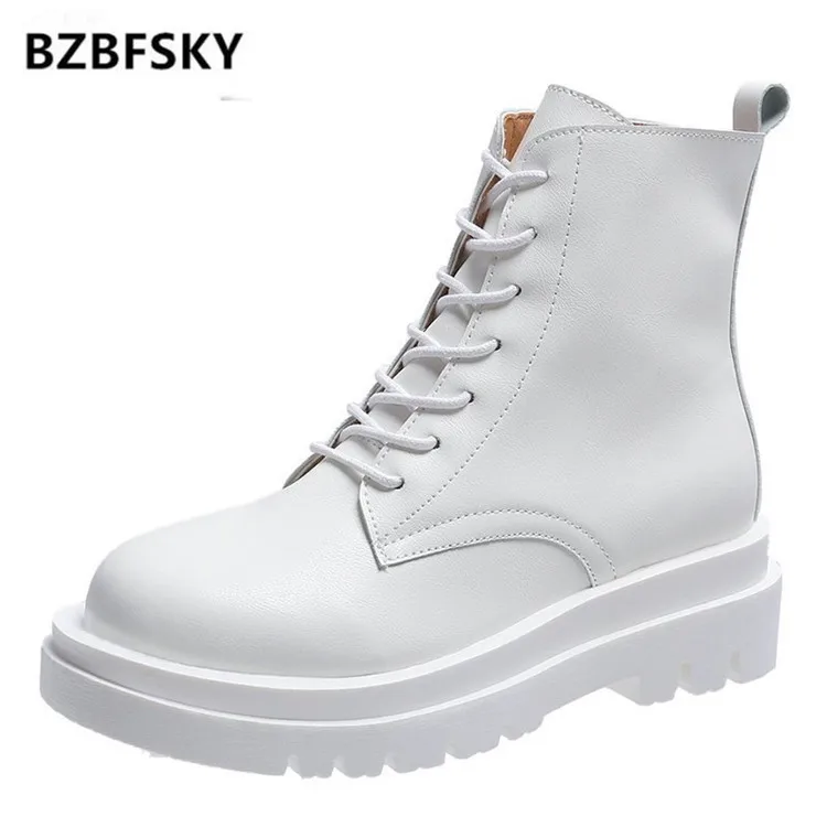 

BZBFSKY 35-40 Women Ankle Boots Platform Round Toe Lace Up 5cm Heel Boots For Woman Zip Women Shoes Botas White Black Basic