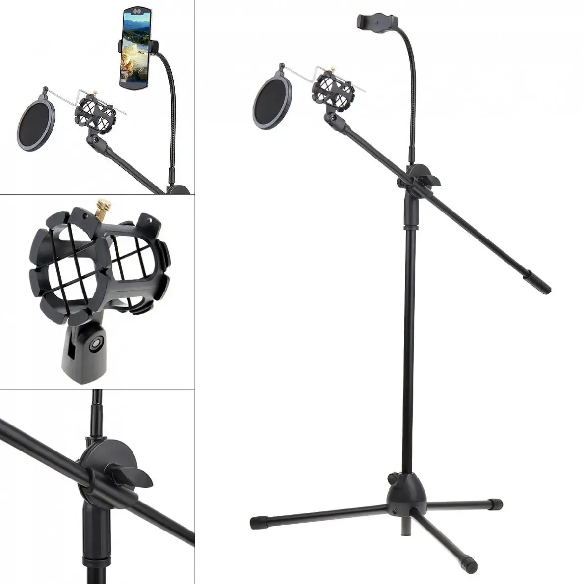 

Portable Multifunction Live Broadcast Gooseneck Cell Phone with Holder tray Bracket Tripod with Microphone Stand and Pop Filter