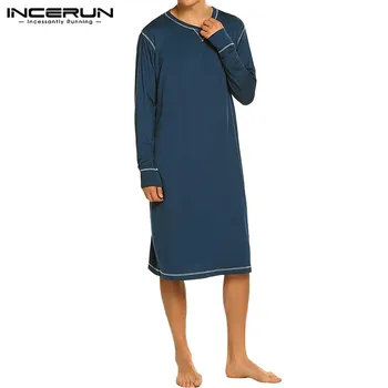 

INCERUN Men Leisure Sleep Robes Long Sleeve Round Neck Bathrobes Man Solid Color Loose Nightgown Fashion Breathable Homewear 5XL
