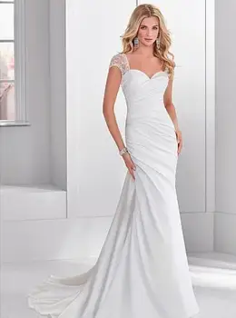 

Elegant Sweetheart White Ruched Wedding Dress Cap Sleeve Court Train Chic Back Bridal Gowns Vestidos De Noiva 2020
