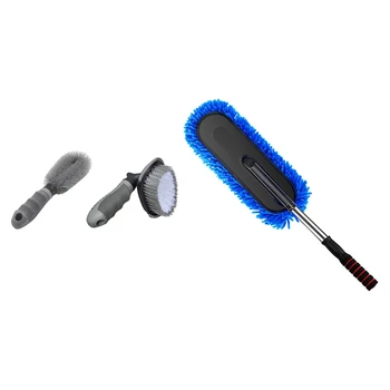 

2 Pcs Car Wheel Rim Tire Cleaner Floor Brush Tools & 1 Pcs Car Telescopic Detachable Mop Cleaning Wash Brush Tool