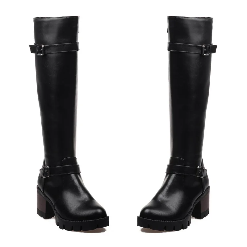 big size 32-43 Buckles Women Shoes Woman Platform Zip Up Square Heel Riding Boots Winter Chaussure