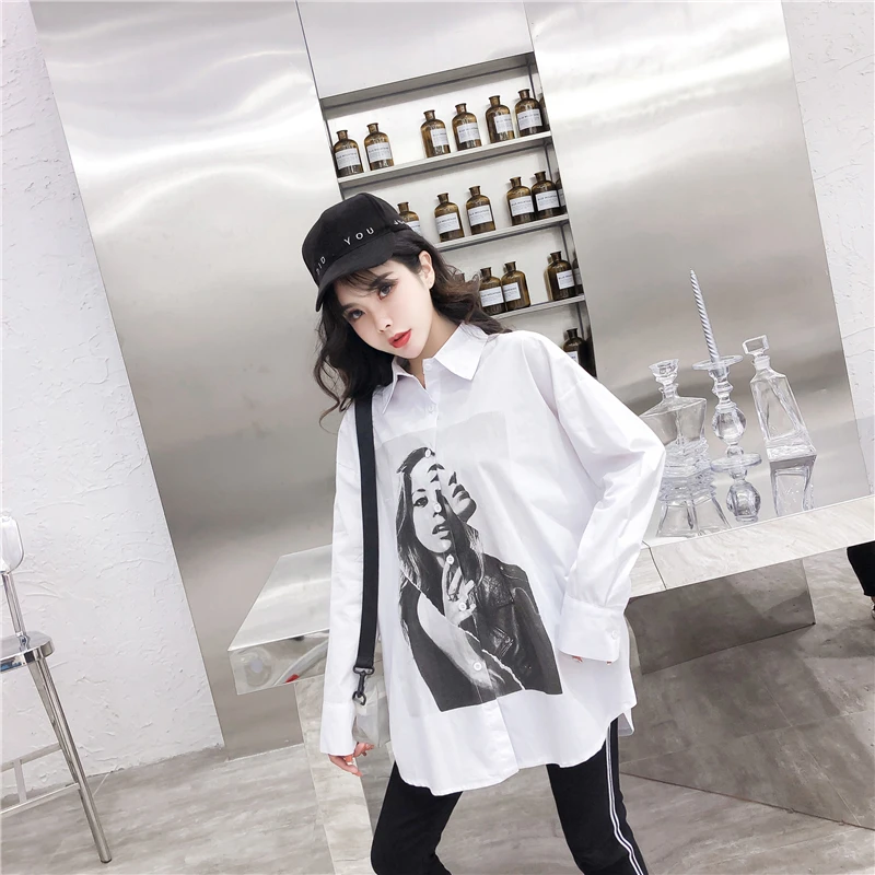 2020 Spring Summer Women Blouses BF style loose shirts Harajuku Streetwear Character Print Long Sleeve Blouses Shirts