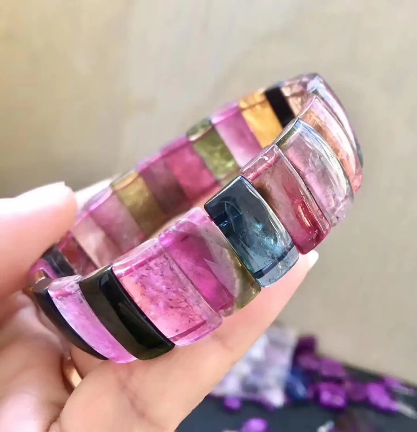 

Top Natural Rainbow Tourmaline Quartz Bracelet Jewelry For Woman Lady Man Brazil Crystal 17x8mm Rectangle Beads Bangle AAAAAA