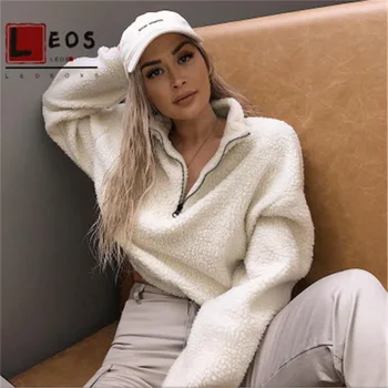 

women streetwear solid White coat jacket long sleeve zipper high neck Faux lambswool crop Casual tops