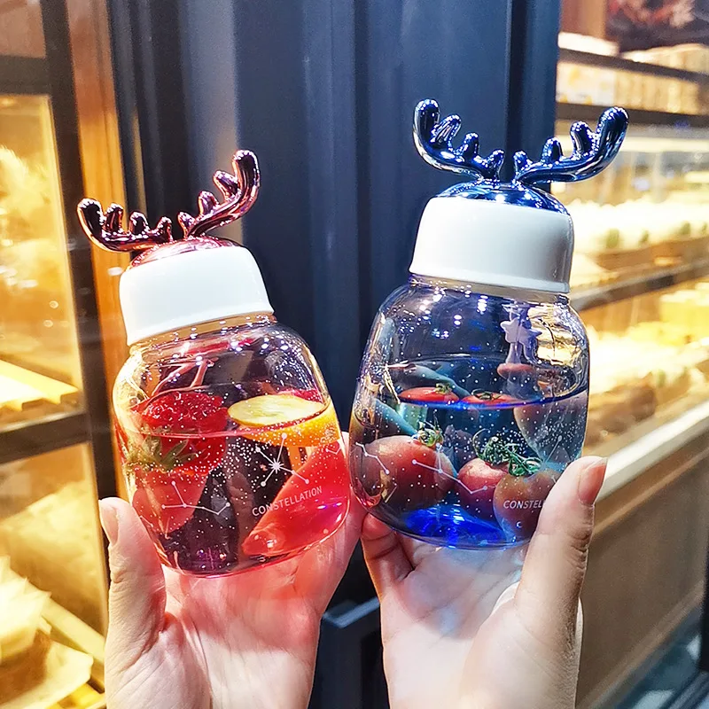 

300ML Creative Starry Sky Gradient Glass Water Bottle Cute Antlers Belly Cup Portable Leakproof Student Clear Drinking Bottles