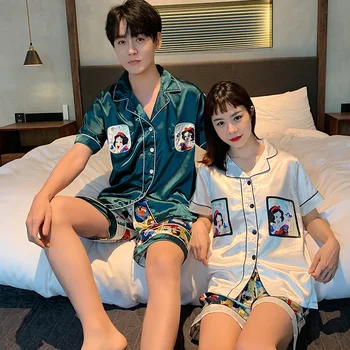 

Satin Couple Pajamas Set Shirt&Shorts Lovers' Satin 2PCS Sleepwear BFemale Sleep Set Sexy V-neck Pijamas Suit Plus Size 3XL 4XL