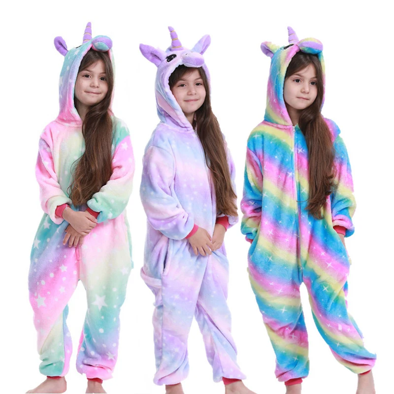 Kids Pajamas Girls Boys Sleepwear Baby Jumpsuit Night Clothes Animal Cartoon Wolf Flannel Unicorn Children's Pyjamas For 6 8 10T