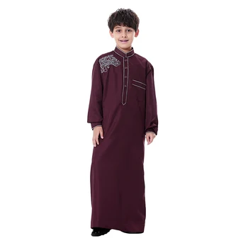 

Embroidery Muslin Thobe Arab Islamic Abaya Robe Wrinkle Free Kaftan for Teenagers Boys S-3XL