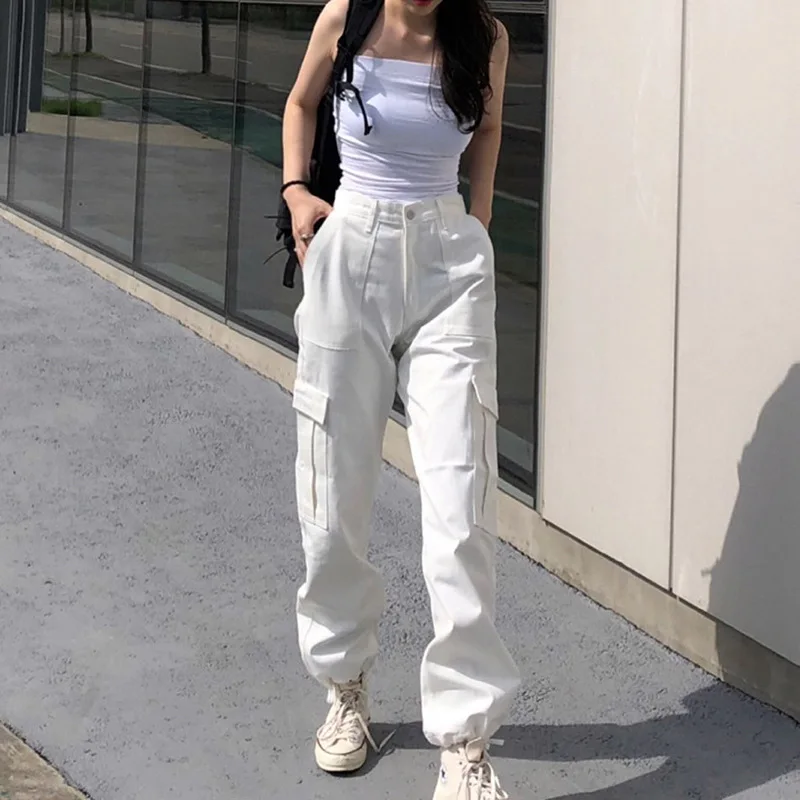 Pantalones Cargo blancos tejidos con múltiples bolsillos para mujer,  pantalón de cintura alta con cono de rábano negro, ropa de calle de verano,  envío directo - AliExpress Ropa de mujer
