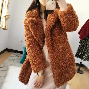 

Winter Korean Fashion Lamb Wool Coat Thick Mid Long Fur Coat Lapel Warm Casual Outwear Parka Faux Fur Coat Women's Jacket