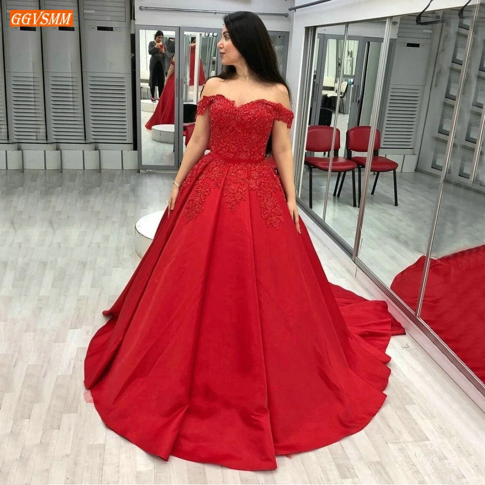 

Sexy Red Long Evening Dresses Sweetheart Satin Appliqued Lace 2020 Women Formal Dress Party Off Shoulder Customized Evening Gown