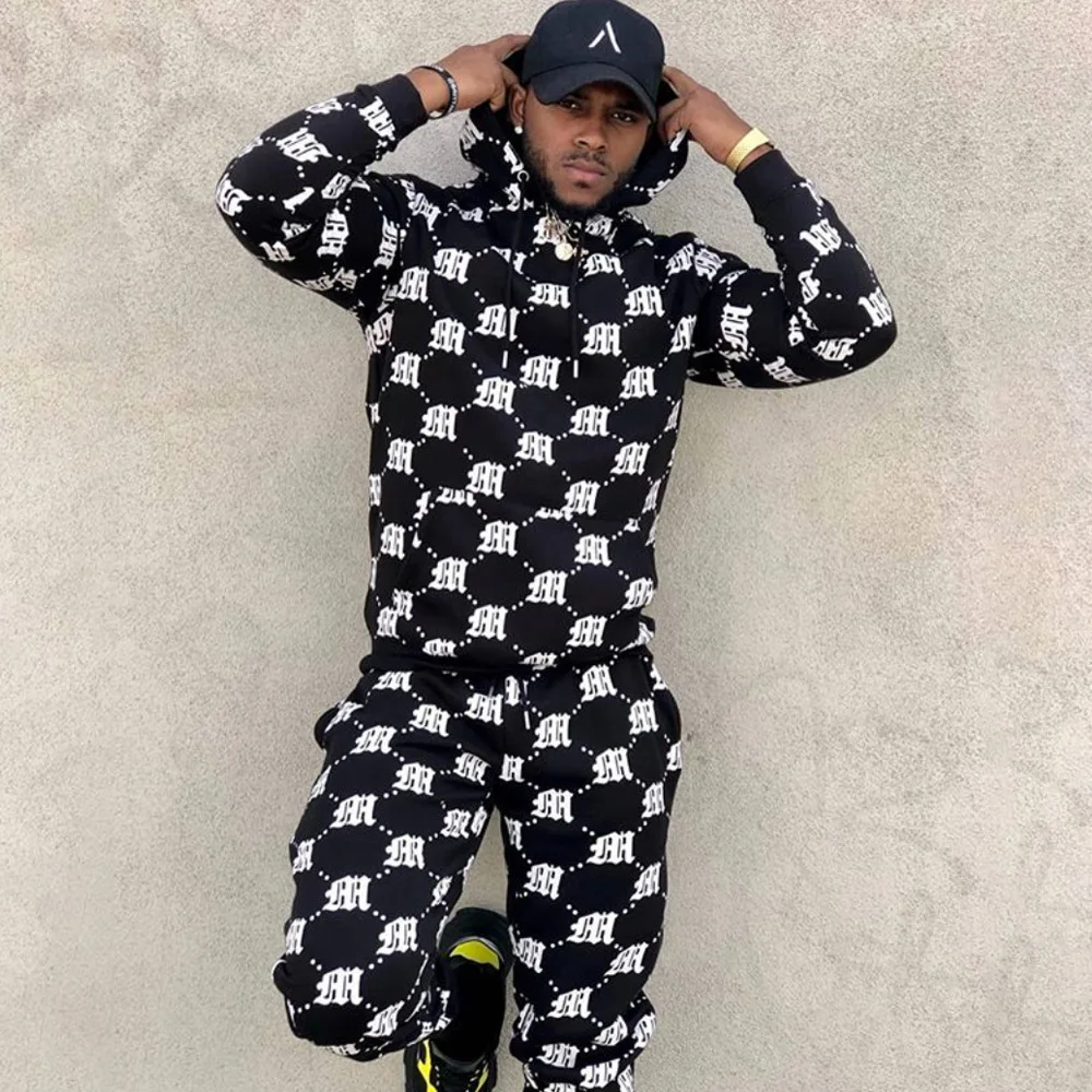 

New French fashion 2020 men's sets hooded thin sets printed casual suit sports suit men joggers tracksuit men clothing