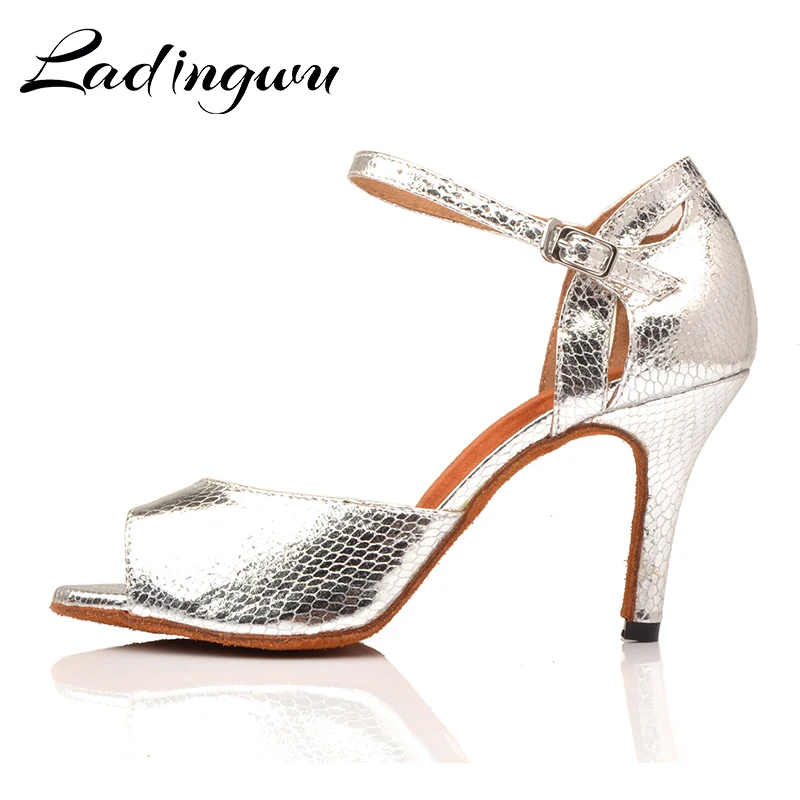 Ladingwu New Salsa Shoes Dance Women's Ballroom Dance Shoes Sandals  Party Performance women Latin Dance Shoes Silver Snake PU