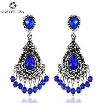

CARTER LISA Blue/Silver Color Chandelier Crystal Long Earrings for Women Rhinestone Hanging Earrings Bridal Wedding Jewelry