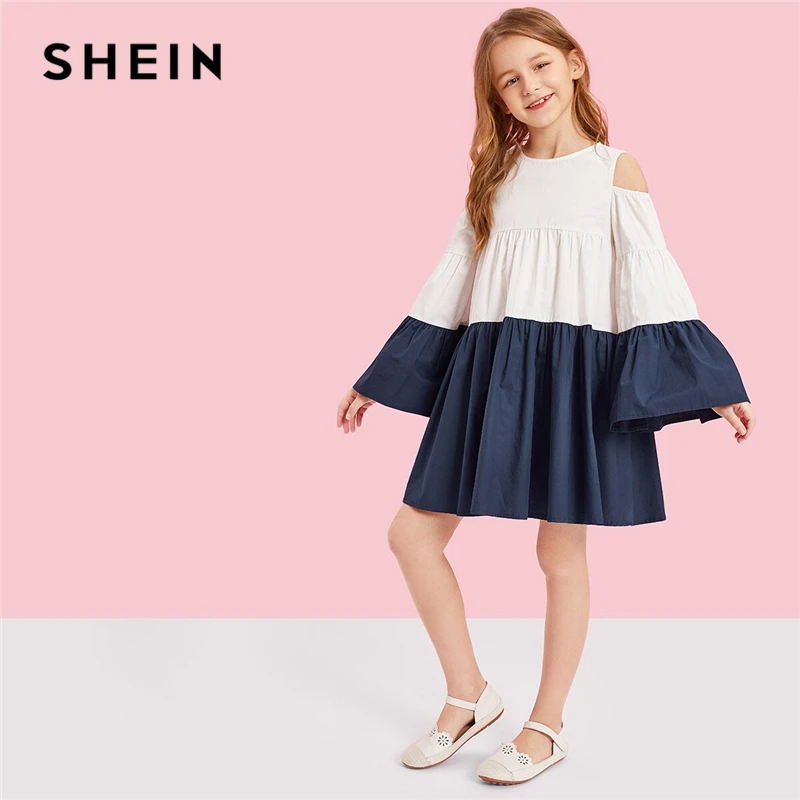 SHEIN Kiddie/многослойное платье с цветным блоком и открытыми плечами для девочек г., Осенний рукав-волан, трапециевидные платья для подростков