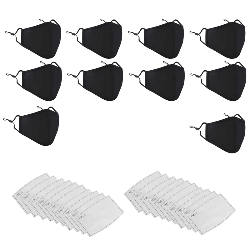 

10Pcs PM2.5 Cotton Black Mask Dust Mask Activated Carbon Filters and 20Pcs Filters