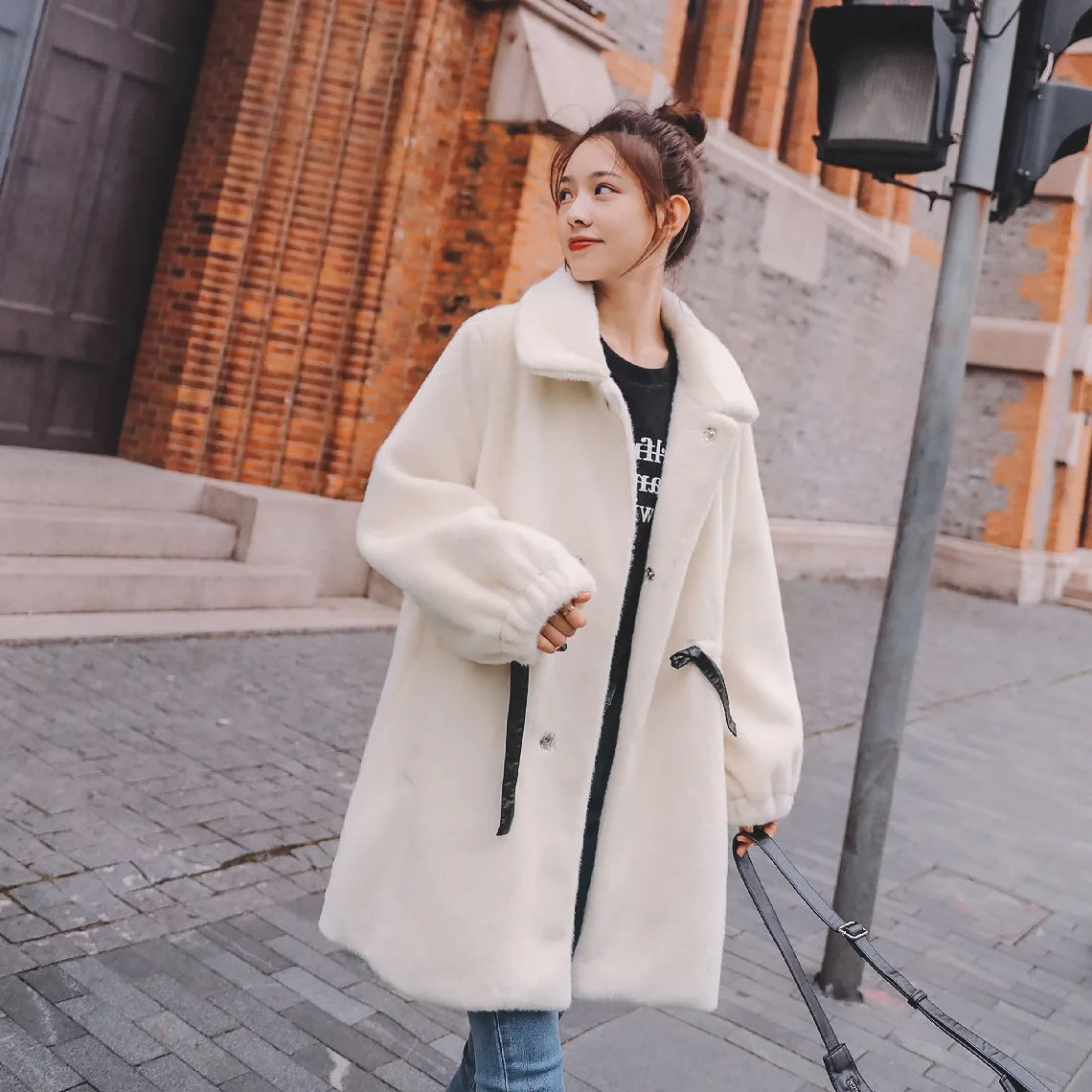 

Photo Shoot CHIC Sweet White Faux Mink Cashmere Mid-length Fold-down Collar Single Breasted Drawstring Waist Hugging Plush Coat