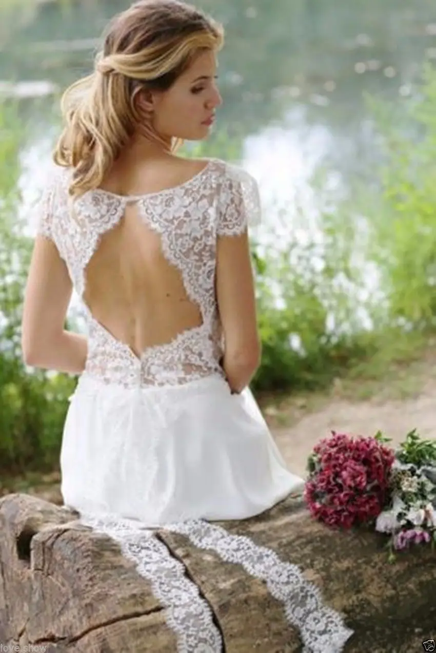 Vestido de noiva praia, открытая спина, кружево и шифон, Пляжное,, вечернее свадебное платье, длинное, дешевое, кружевное платье для матери невесты