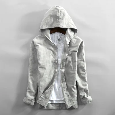 light gray Men Spring And Autumn Fashion Brand China Style Vintage Solid Color Cotton Linen Hooded Jacket Male Casual Thin Jacket Coat - Color: light gray