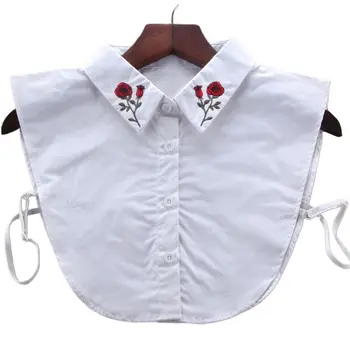 

Women Red Rose Floral Embroidery Pointed Lapel Fake Collar Detachable Half-Shirt 649C
