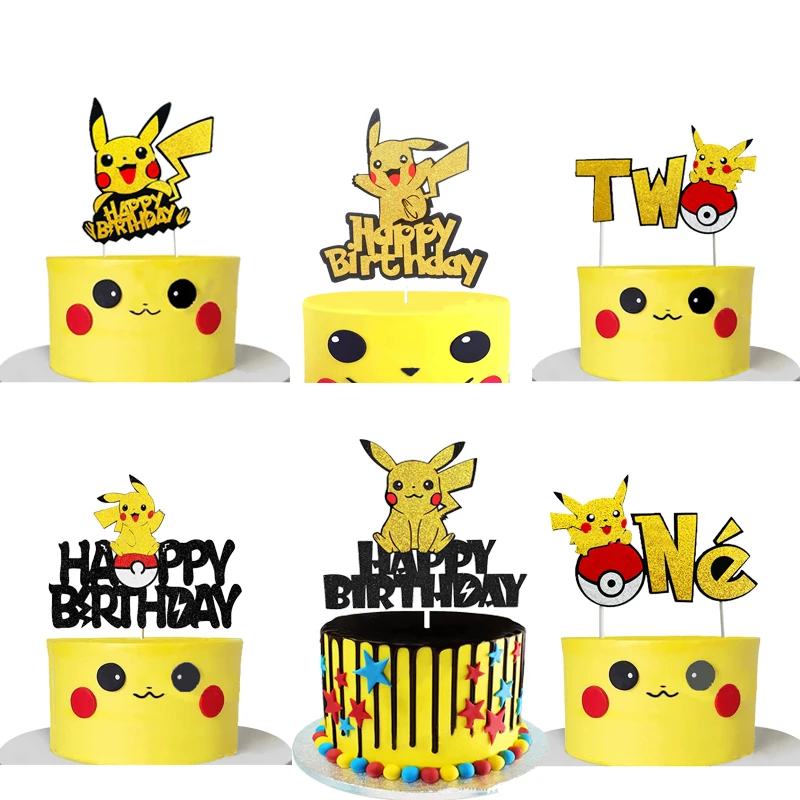 Pokemon Theme Cake Decorating Supplies Happy Birthday Pikachu Pokeball Cupcake Insert Flag Topper DIY Party Decoration | Дом и сад