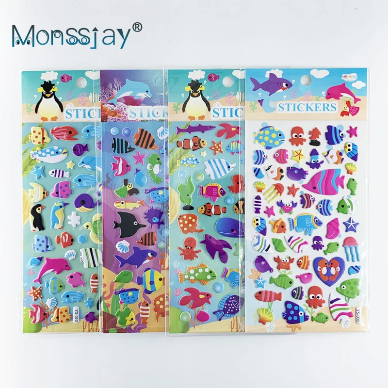 4 Sheets/Set Cartoon Ocean Fish 3D Puffy Bubble Stickers Waterproof PVC Scrapbook DIY Stickers for Kids Gift ocean coloring book featuring relaxing ocean scenes tropical fish and beautiful sea creatures 30 page