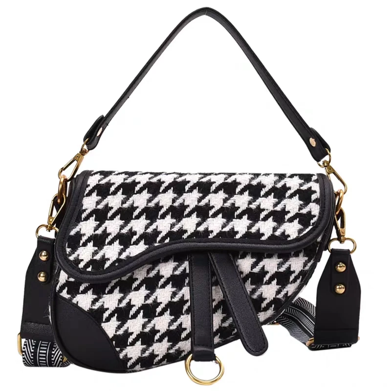 

Retro Woolen New Ladies Messenger Bags Fashion Weaving Houndstooth Women Broadband Shoulder HandBag Campus Girl Small Chest Bag