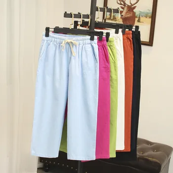 

Women Loose Pants Summer Plus Size Bottom Female Candy colors Wash Stretch Cotton Linen Calf-Length Trousers F21-7223