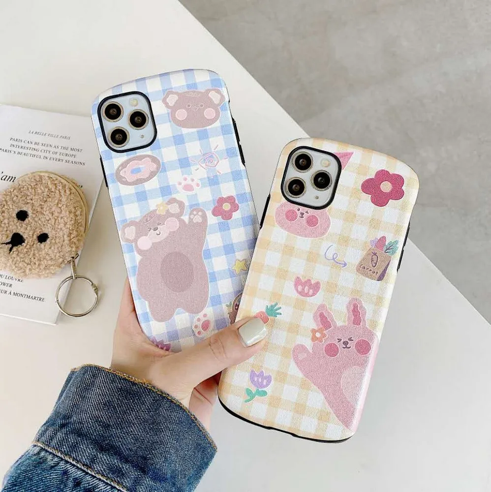 

Oval silk relief soft shell phone case For iPhone 11 Pro Max XR XS Max XS 7 8 plus Grid cuteness rabbit cuteness bear