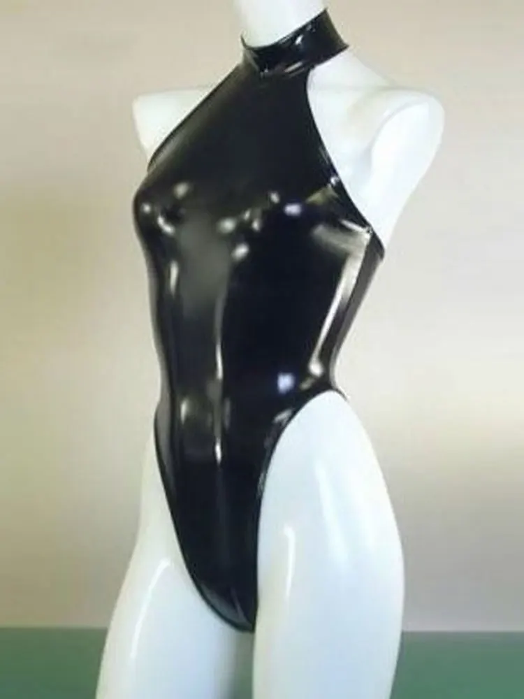 Women Swimsuit Sexy High Cut Swimsuit High Neck Halter Bodysuit Black One Piece Swimwear Body Suit Latex Catsuit Sexy Night Club Dance Wear