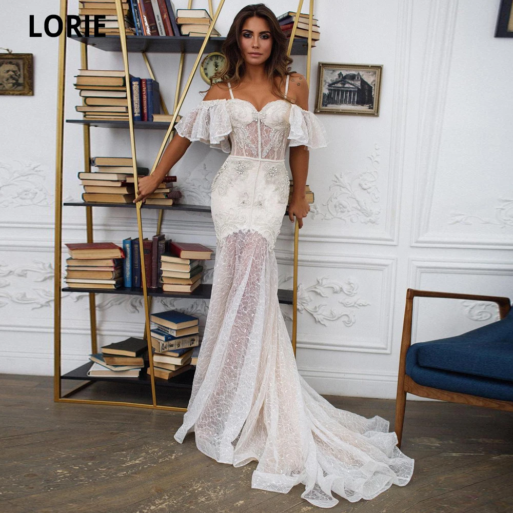 

LORIE Luxury Mermaid Wedding Dresses for Women Lace Beading with Pearls Off the Shoulder Vintage Country Bridal Gowns Open Back