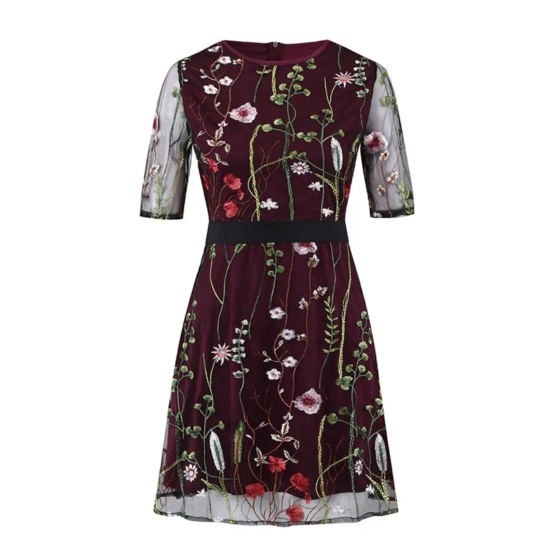 02 Wine Red Fanbty, сексуальное женское платье с цветочной вышивкой, прозрачное Сетчатое летнее Мини платье в стиле бохо, ТРАПЕЦИЕВИДНОЕ ПЛАТЬЕ, женские прозрачные платья для вечеринок, Vestidos - Цвет: 02 Wine Red