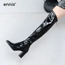 ENNIS/брендовые черные сапоги до колена; женские сапоги из лакированной кожи; эластичные сапоги на высоком квадратном каблуке; замшевая обувь; сезон осень-зима; Новинка; L918