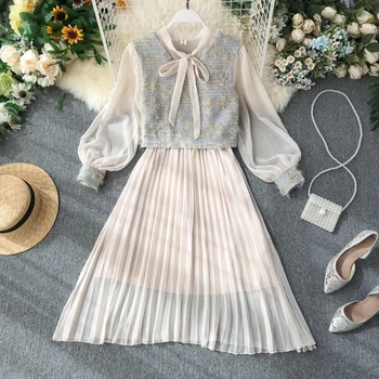 

Woman 2019 New Tweed Sleeveless Vest +bow Neck Long Sleeved Chiffon Pleated Dress Two Piece Sets J594