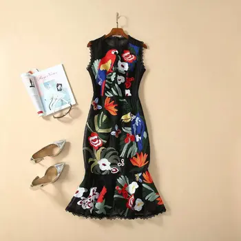 

New 2020 spring summer women sexy mermaid dress designer brand floral embroidery sleeveless sheath black mesh dresses