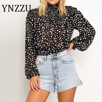 

YNZZU Ruched Stand Collar Leopard Print Women Blouse and Tops 2020 Long Sleeve Chiffon Blouse Shirt Female Elastic Cloth AT495